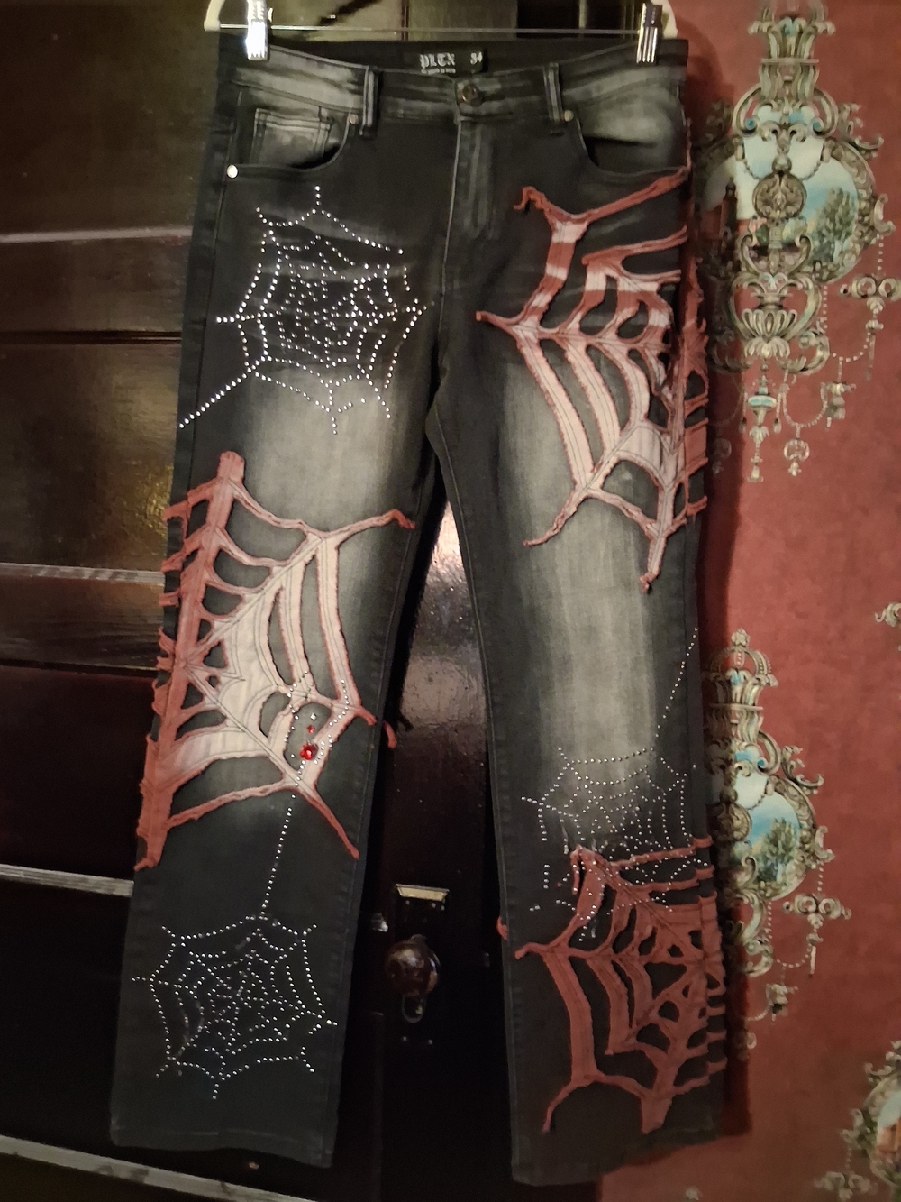 Mens Black Jeans with Red Spiderweb Embroidery